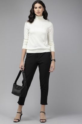 WOMEN BLACK SOLID CASUAL SLIM FIT TROUSERS