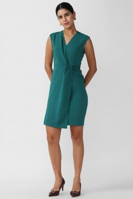 WOMEN GREEN SOLID THIGH-LENGTH FORMAL DRESS