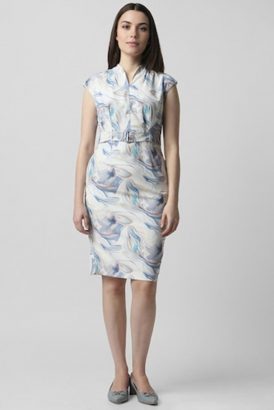 WOMEN WHITE PRINT KNEE LENGTH FORMAL DRESS