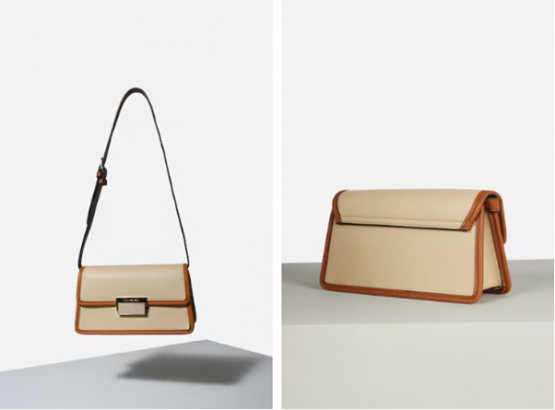 Beige and brown shoulder bag with black strap displayed in two angles on a white background.