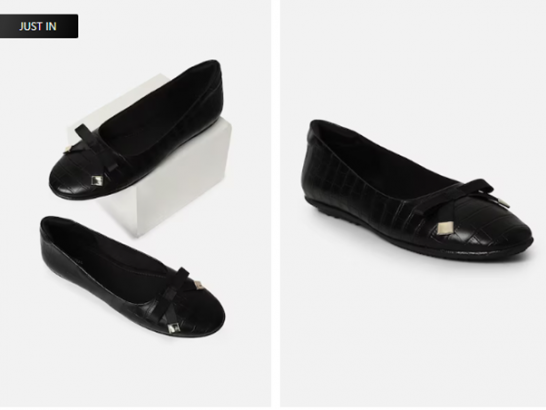 Black flat shoes with bow displayed on white surface in two angles.