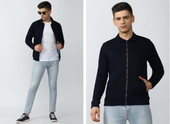 Two poses of a mannequin-like figure wearing a navy jacket, white shirt, jeans, and sneakers.