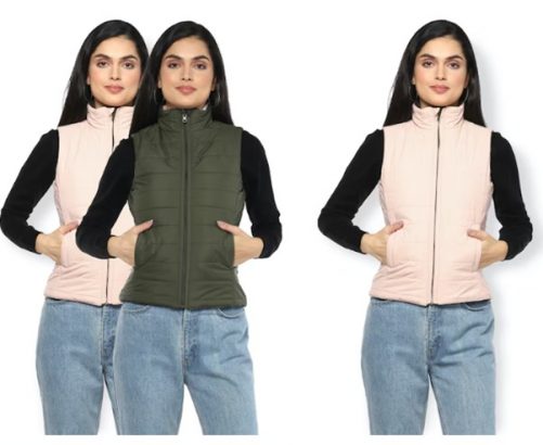 Two side-by-side images of a person wearing different colored vests over black tops and jeans.