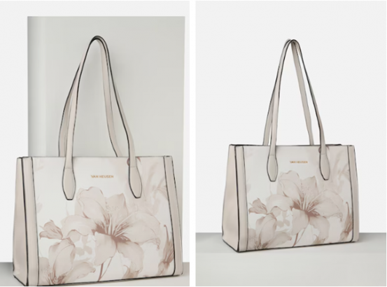 Tote bags with floral design and brand label, displayed in two different angles.