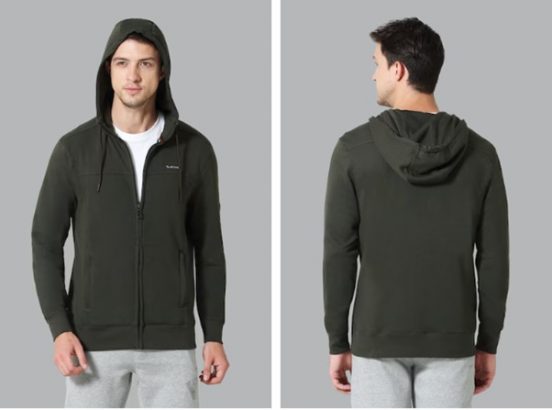 Man modeling a green hoodie, front and back view, on a gray background.