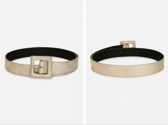 Two views of a beige and black belt with a square buckle, isolated on white background.