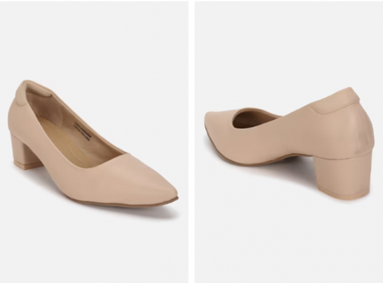 A pair of beige pointed-toe block heels displayed from the front and side angles.