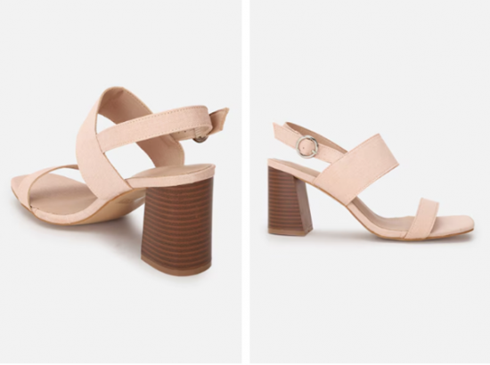 Pair of beige sandals with chunky wooden heels, displayed from different angles.