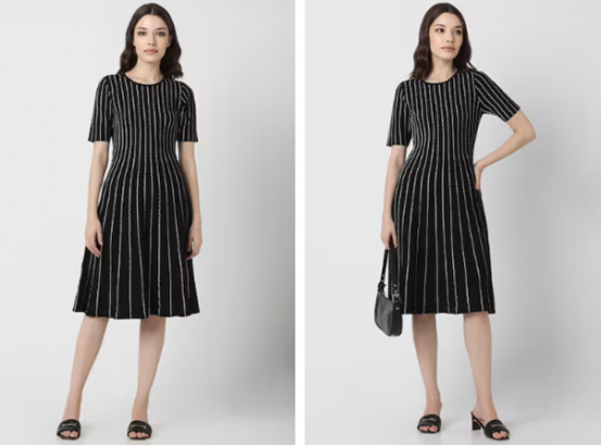 Woman in a black and white striped dress with sandals, one pose with hand on hip holding a bag.