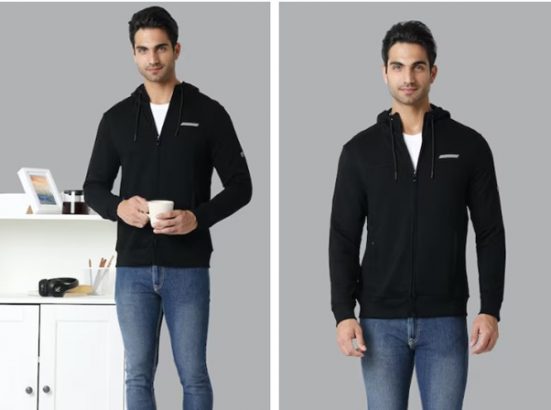 Man in black jacket and jeans in two poses, one holding a mug, the other with hands in pockets.