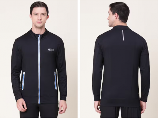 A person modeling a black jacket with blue zipper details, shown from the front and back.