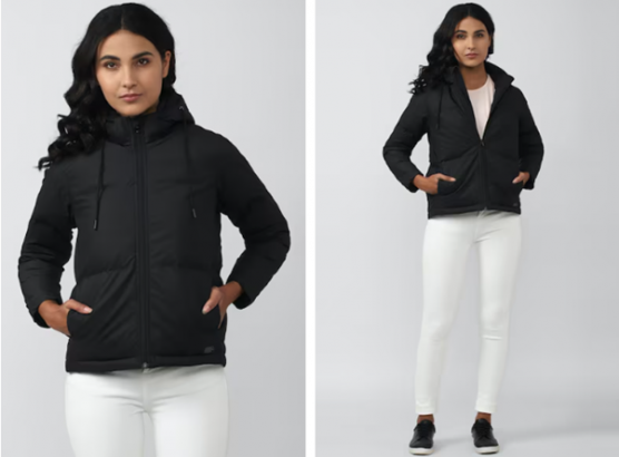 Two poses of a model wearing a black jacket and white pants.