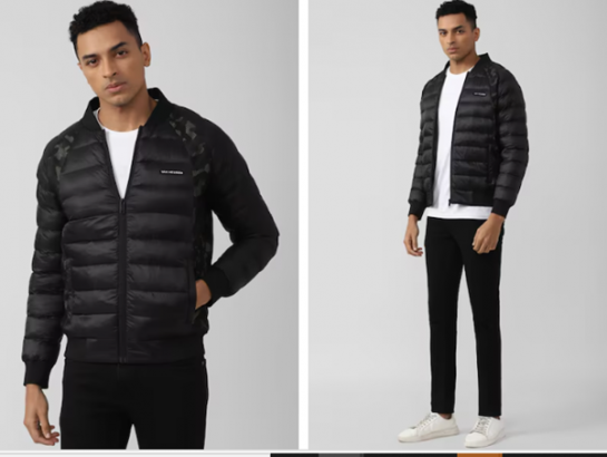 Man in black puffer jacket, black pants, white shirt, and white sneakers.