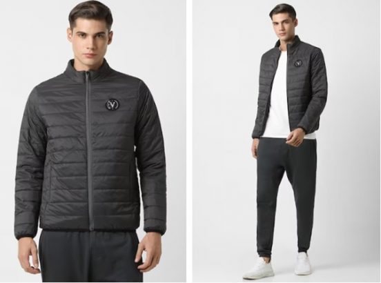 A man wears a black quilted jacket, paired with black pants and white sneakers, in two poses.