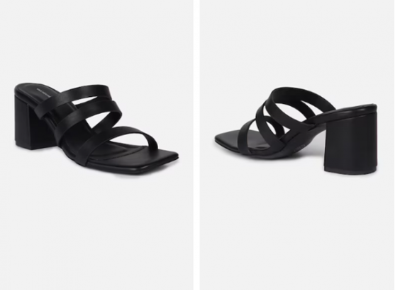 A pair of black heeled sandals with thick straps displayed from two angles on a white background.