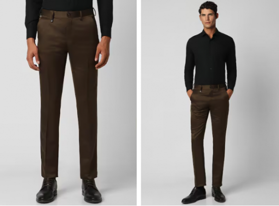 A person in a black shirt and brown trousers paired with black shoes, standing in two poses.