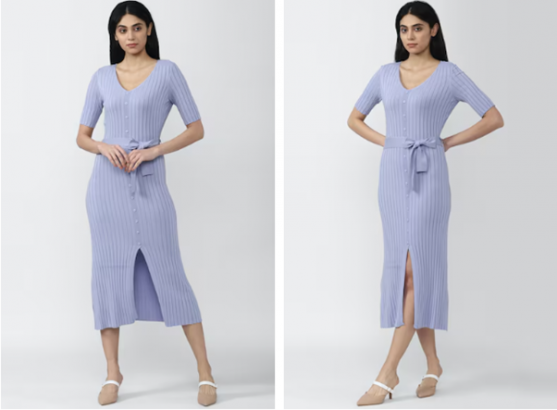 Person in a lavender ribbed dress with a front slit, standing in two poses.