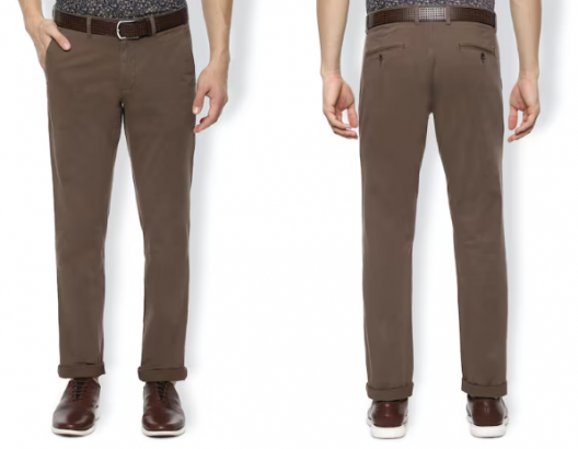 Front and back view of a person wearing brown trousers and brown shoes with a patterned belt.