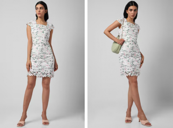 A person in a floral dress and heeled sandals, with and without a shoulder bag.