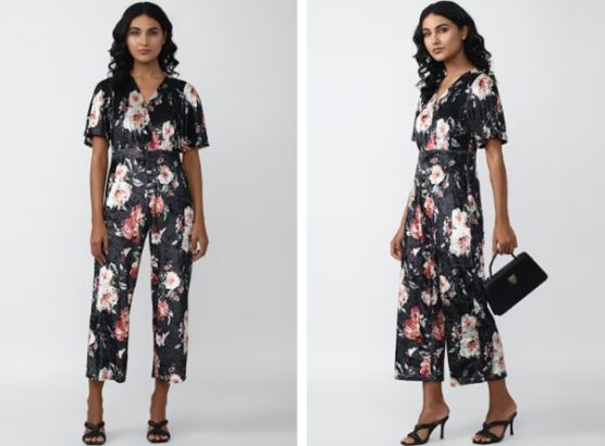 A person modeling a floral jumpsuit with black heels, front and side views displayed.