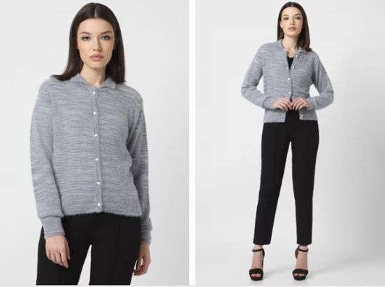 Two poses of a model wearing a gray cardigan, black pants, and black sandals.