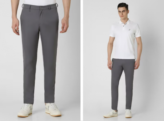 Two images side-by-side showing a model in grey trousers, white polo shirt, and white sneakers.