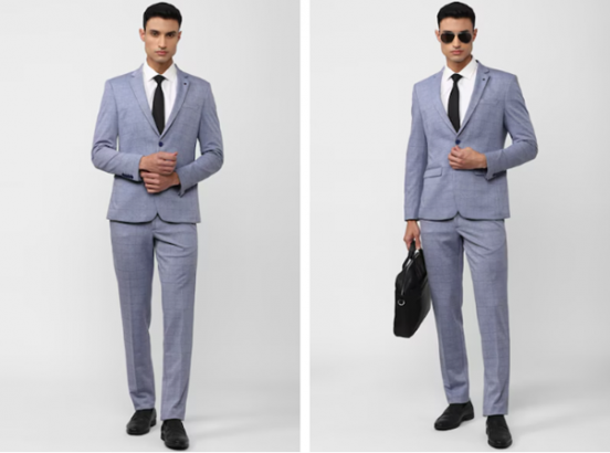 Two images of a person in a light gray suit with a briefcase, against a white background.