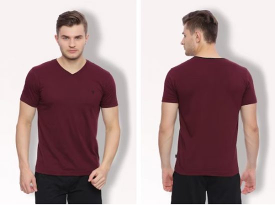 Man in maroon V-neck T-shirt, front and back view.