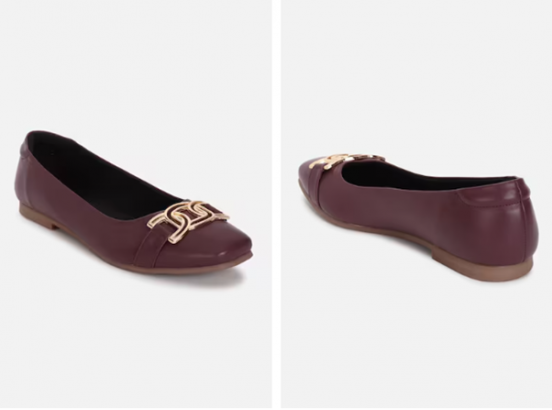 A pair of maroon ballet flats with gold embellishments displayed from front and side views.