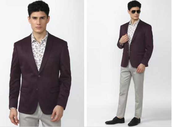 Man in a maroon blazer, printed shirt, and grey trousers, posing in two different stances.