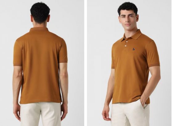 Man in a mustard polo shirt and white pants, shown from both rear and front views.