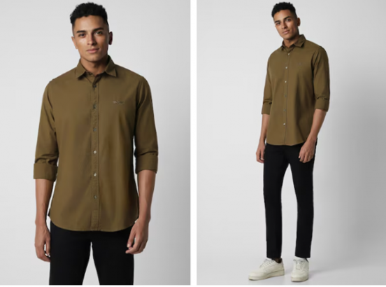 Man in an olive green shirt and black pants, postures frontal and profile.