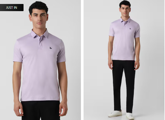 Man in a lilac polo shirt and black trousers with white sneakers.
