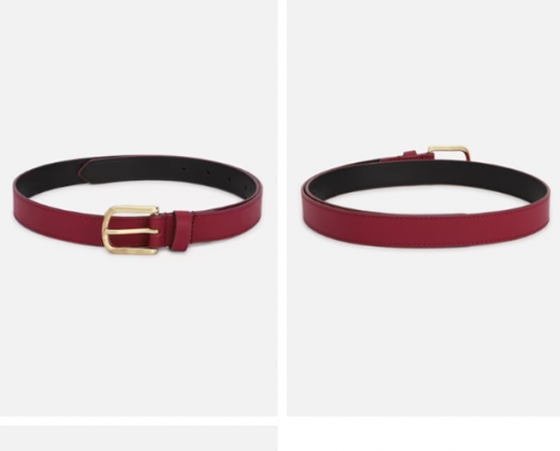 A red belt with a gold buckle, shown unbuckled and buckled on a white background.