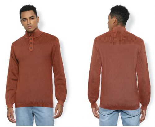 Man in a rust-colored sweater and jeans, viewed from front and back.