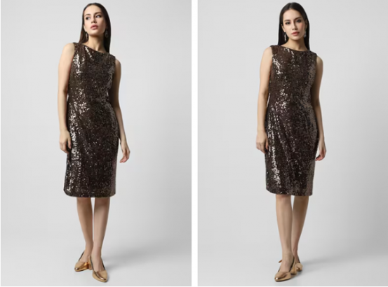 A person in a sparkling sequin dress standing in two poses, one facing front and one side view.