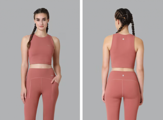 Woman in a coordinating mauve sports bra and leggings, front and back view against grey backdrop.