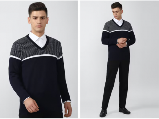 A man in a stylish navy sweater over a white shirt with black trousers and shoes, posing twice against a light background.