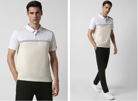 Man in a white gradient polo shirt and black pants, with a close-up and full-length view.