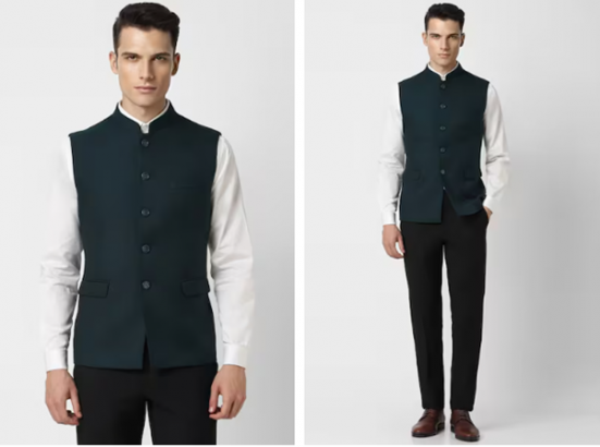 Man in white shirt and green waistcoat, paired with black trousers and brown shoes.