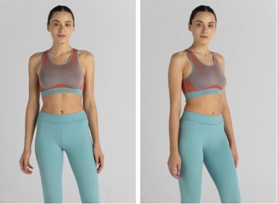 A side-by-side comparison of a model in turquoise activewear from two different angles.