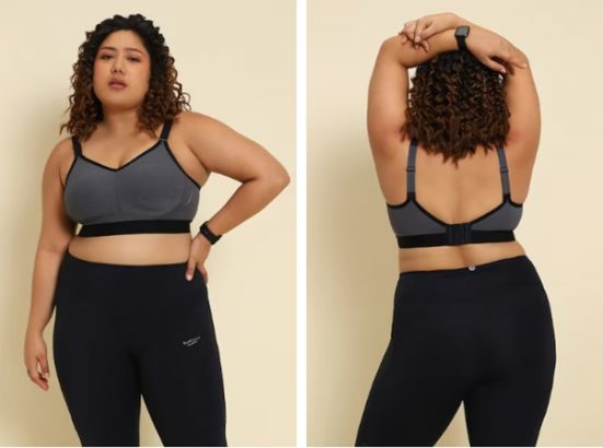 Person modeling activewear, with a focus on a sports bra and leggings, viewed from front and back.