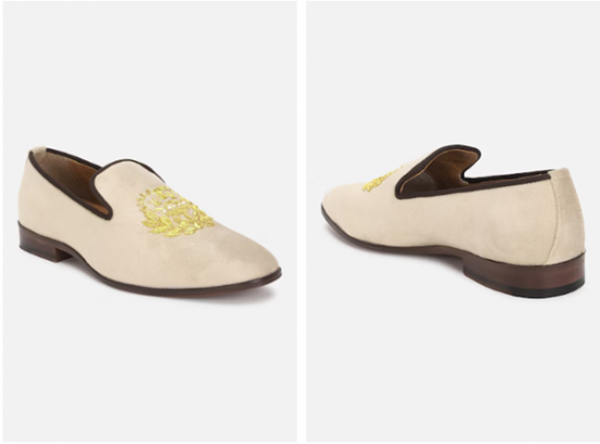 Beige embroidered loafers displayed from front and side angles.