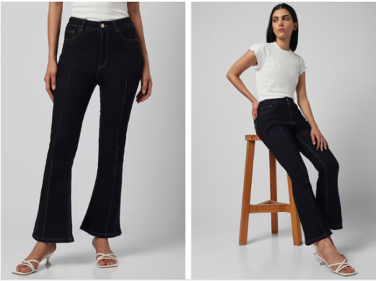 two pictures of a woman in white shirt and black pants