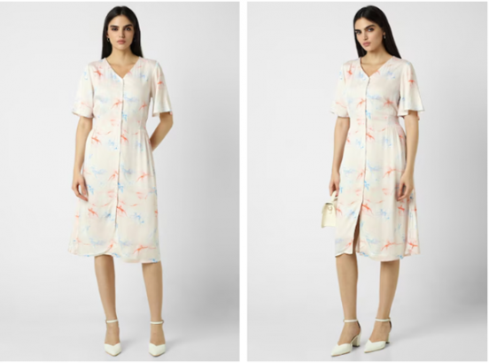 Flowy maxi dresses: A person in a floral dress and white heels, standing in two different poses.