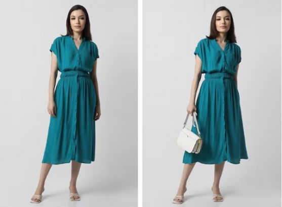 Midi Dresses: A woman in a pink floral dress, one image standing and one with a handbag, against a gray background.