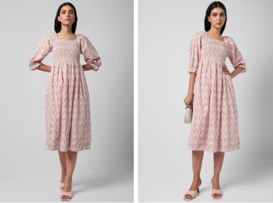 Midi Dresses: A woman in a pink floral dress, one image standing and one with a handbag, against a gray background.