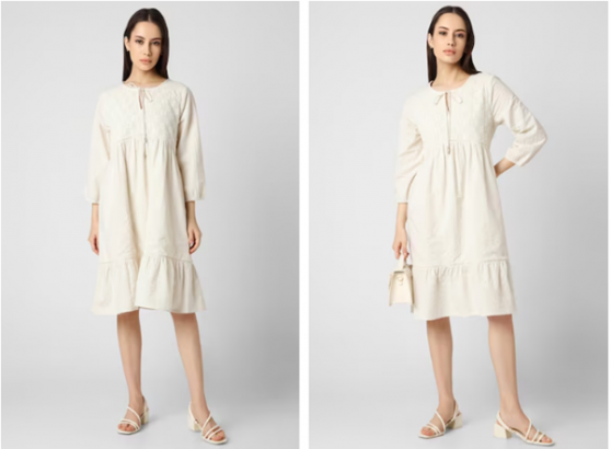 Women Cream Textured Knee Length Casual Dress