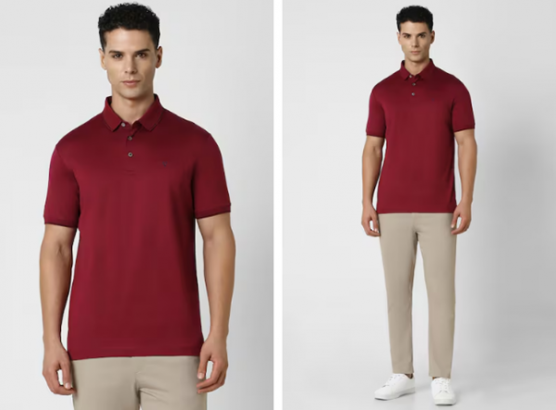 a man in a red shirt and khaki pants