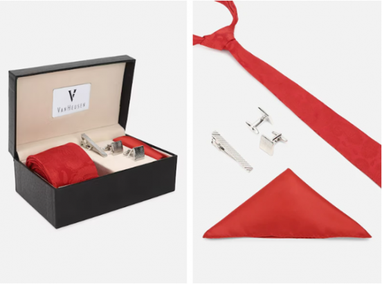 a tie, cufflinks, and cuff links in a box